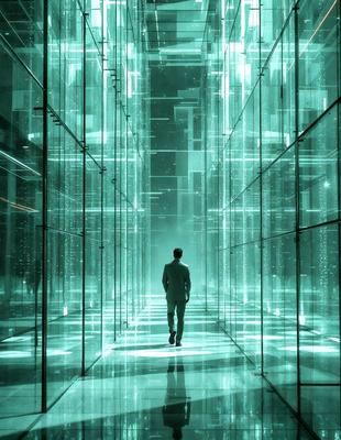 The primary subject of the image is a man walking down a hallway in a building. The setting is a long hallway with multiple windows on the sides, creating a bright and open atmosphere. The visual style of the image is a combination of photo and digital art, giving it a unique and artistic appearance. The colors and mood of the image are predominantly green, with the man's suit and the surrounding environment contributing to the overall ambiance.